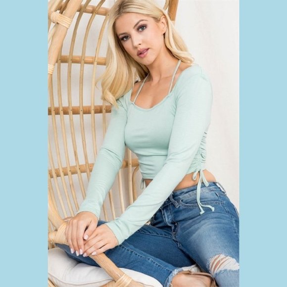 Mint color Long sleeve scoop tie neck drawstring ruched side detail crop… - Picture 1 of 8